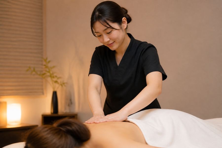 Young Asian massage therapist giving back massage at Las Vegas spa