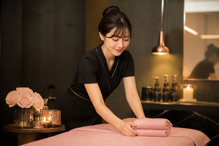 Cute Asian spa therapist preparing massage towels Las Vegas
