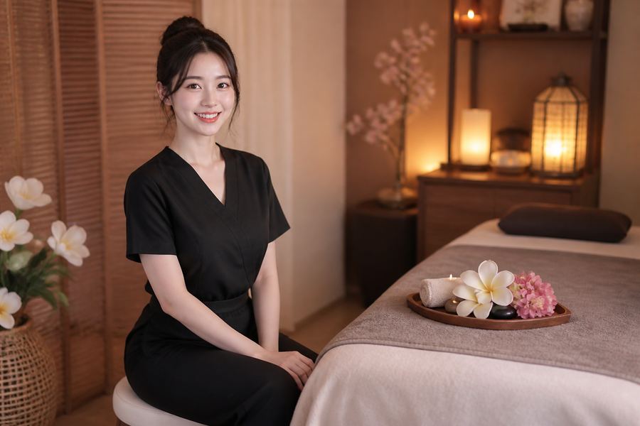 Cute Asian massage therapist in luxury Las Vegas spa treatment room