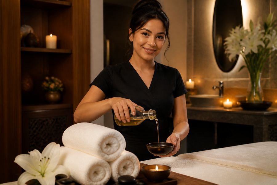 Cute Latina massage therapist pouring massage oil Las Vegas spa