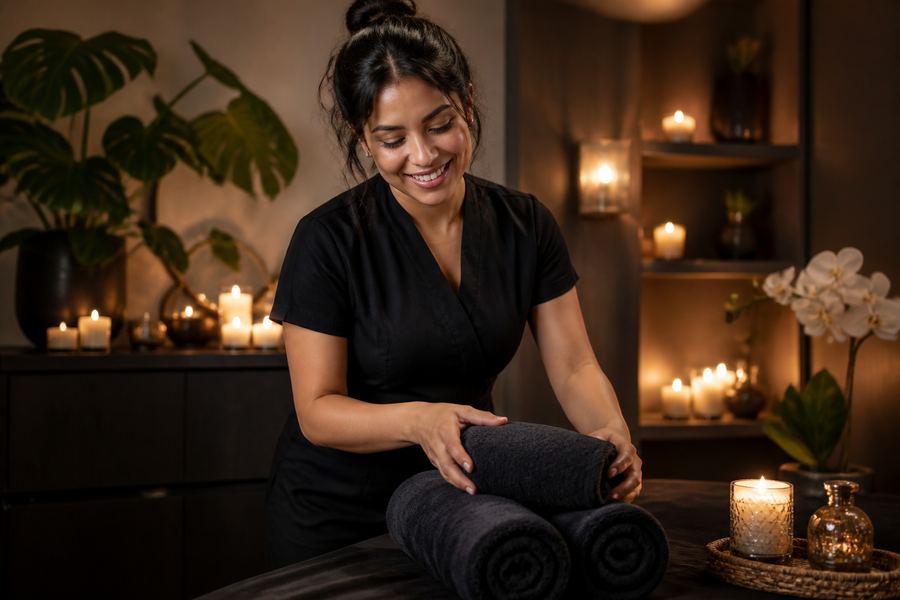 Cute Latina spa therapist arranging towels for massage Las Vegas